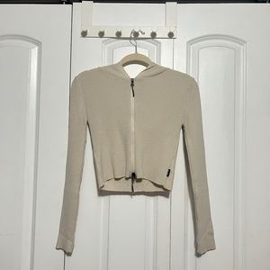 double zipper ribbed cream hooded sweater